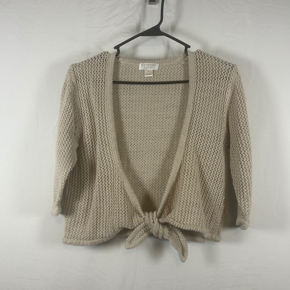 Christopher & Banks Tan Open Knit Tie Front Cardigan Shrug Sweater Womens Large